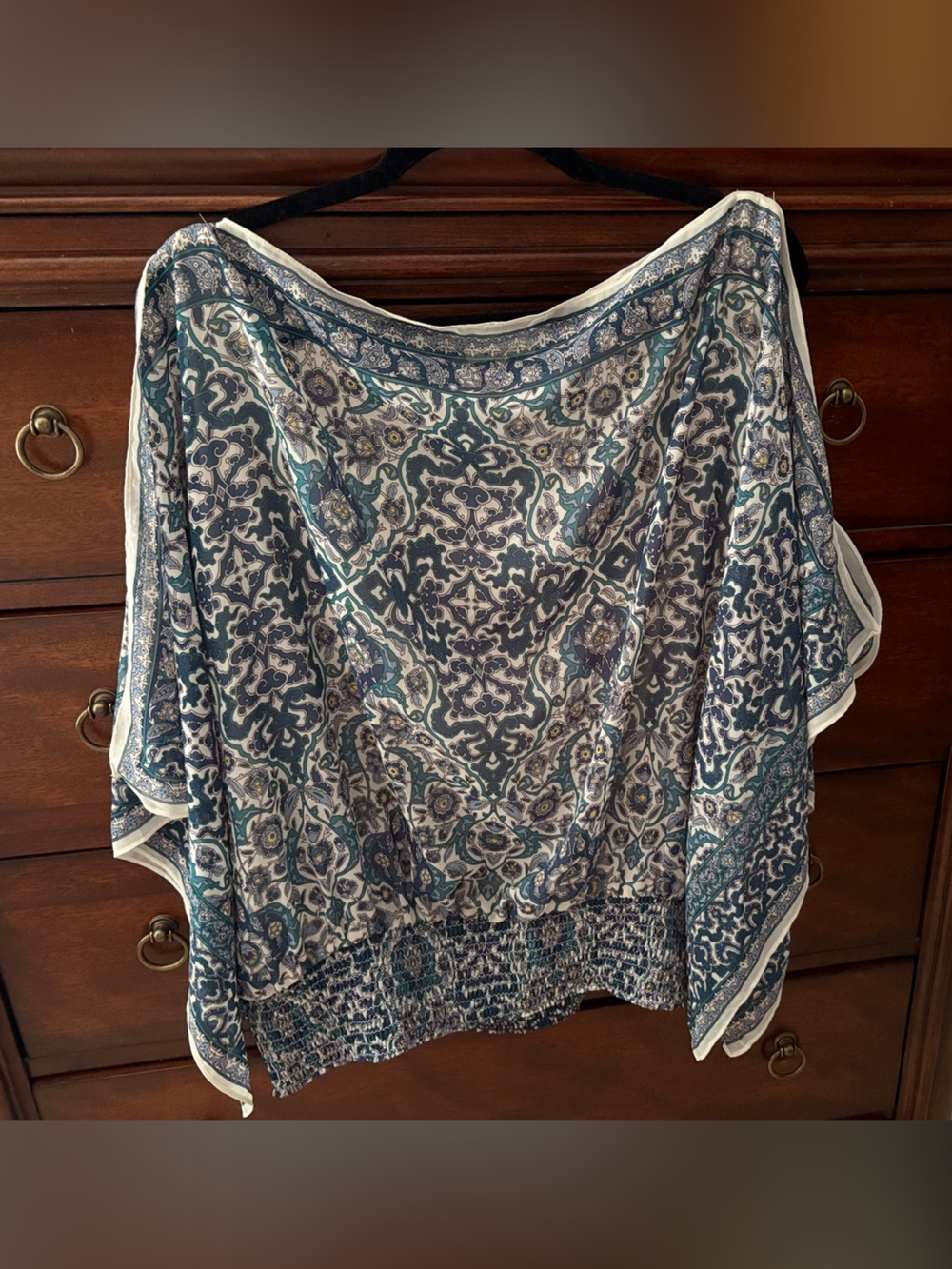 Max Studio Blue and Teal Printed Cold Shoulder Top